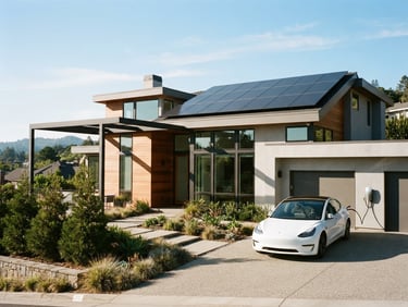 Sleek modern house exterior with solar panels on the roof and an electric vehicle charging in the driveway, bright morning sun, architectural framing, 35mm lens