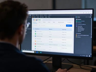 Over-the-shoulder view of a strategist analyzing a complex Google Ads campaign structure on a high-contrast screen, moody ambient lighting, 35mm