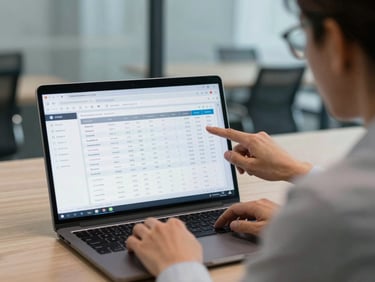 Over-the-shoulder shot of a professional sales executive analyzing a clean CRM pipeline dashboard on a laptop screen, cool corporate office lighting in CDMX, modern and professional atmosphere.