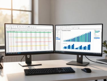 Wide panoramic shot of a finance analyst's dual-monitor workstation at golden-hour window light, left monitor showing a detailed Excel cash-flow forecast with color-coded variance rows, right monitor a live Power BI dashboard with waterfall charts, clean minimal desk, soft natural light from the left