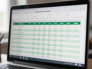 Close-up of an Excel management reporting pack open on a monitor, showing monthly actuals vs budget table with conditional formatting in emerald, clean column headers, natural window light from the left