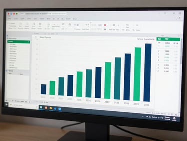 Close overhead shot of a multi-tab Excel dashboard on a wide monitor, showing P&L variance analysis with emerald and navy bar charts, KPI summary cells, and formula bar visible, bright studio lighting, sharp focus on the data grid