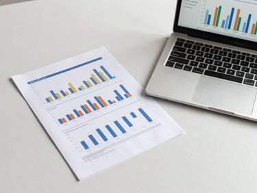 Overhead shot of a clean desk with a printed financial report alongside an open laptop displaying a Power BI dashboard with waterfall and variance charts, studio-neutral lighting, sharp document focus