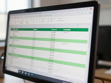 Close-up of an Excel spreadsheet on a high-resolution monitor showing a three-statement financial model with green accent cell highlights and formula bar visible, sharp focus, bright natural light from window