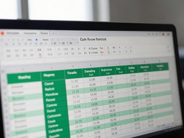 Close-up of an Excel spreadsheet displaying AI-assisted cash flow forecast model, emerald highlighted cells with conditional formatting, bright natural window light, sharp number readability