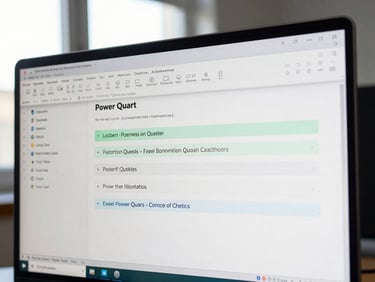 Tight detail shot of an Excel Power Query automation workflow on a monitor, data transformation steps visible in the query editor, crisp high-contrast daylight from a side window