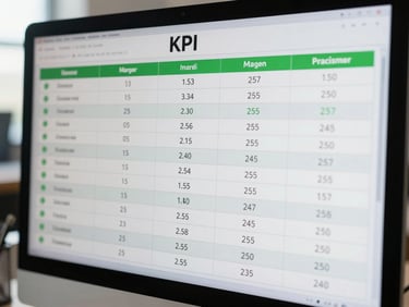 Tight detail shot of a KPI scorecard displayed on a monitor screen, showing revenue, margin, and variance metrics in a clean tabular layout with green positive indicators, bright daylight office setting, high contrast readability