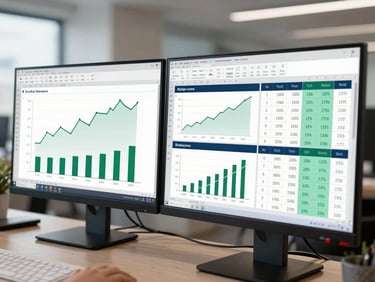 Wide-angle shot of dual monitors displaying an Excel KPI dashboard with revenue trend line charts, rolling forecast panels, and metric tiles in navy and emerald, bright office environment, sharp data readability
