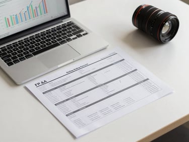 Overhead layout shot of an FP&A rolling forecast template printed and annotated on a clean desk, alongside a laptop showing variance analysis charts, neutral studio lighting