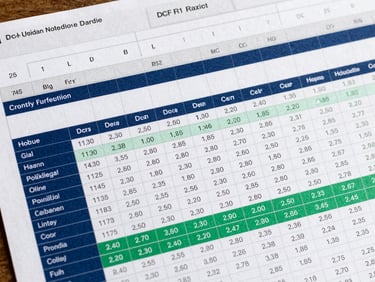 Tight overhead shot of an Excel financial modeling worksheet showing DCF valuation rows, color-coded input cells in navy and emerald, clean numeric grid under bright daylight, sharp focus on formula structure
