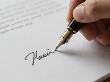Macro shot of a high-quality textured paper document being signed with a classic fountain pen, soft side-lighting highlighting the ink texture.