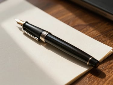 A close-up of a fountain pen resting on textured cream paper with elegant typography, natural window light casting soft shadows across a heavy oak desk.