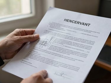 Close-up of hands holding a technical drawing and a legal contract, natural daylight from a window highlighting the texture of the paper and ink.