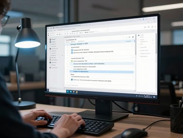 Wide shot of a terminal window open on a large monitor showing a successful deployment log, developer's hands resting on keyboard, cool blue-white desk lamp illuminating the screen, dark background office environment