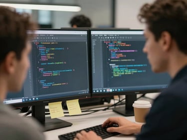 Close-up of two developers in focused conversation over dual-monitor setup showing code review, cool overhead lighting, coffee cups and sticky notes visible on desk, shallow depth of field on the screens
