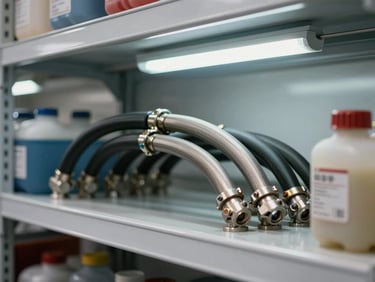 Close-up of a radiator and cooling hoses on a clean warehouse shelf under bright fluorescent lighting, coolant reservoir cap and thermostat housing visible nearby