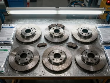 Tight overhead shot of brake discs and pad sets laid out on a metal warehouse workbench under bright fluorescent lighting, packaging visible alongside, documentary style