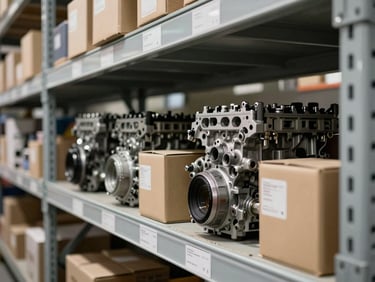 Close-up of an organized warehouse shelf section holding boxed engine components and filters under bright overhead lighting, labels facing forward, industrial shelving unit, documentary framing