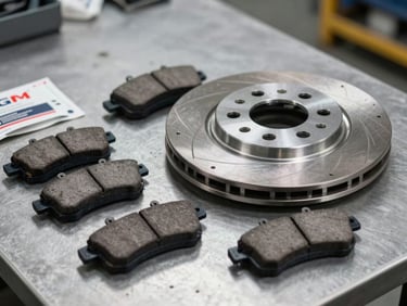 Close-up of a set of brake discs and pads laid on a clean metal workshop surface under bright overhead lighting, OEM packaging partially visible beside them