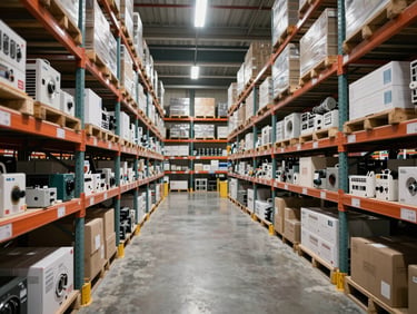 Wide shot of shelved electrical and body parts in labeled boxes on warehouse racking, bright overhead warehouse lighting, organized rows, industrial documentary framing