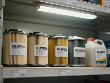 Overhead documentary shot of engine filters — oil, air, and fuel — arranged in a row on a warehouse shelf under bright fluorescent lighting, original manufacturer labels facing camera