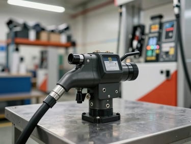 Close-up documentary shot of a fuel pump and fuel injectors on a clean metal bench under bright warehouse lighting, fuel rail visible in background on shelf