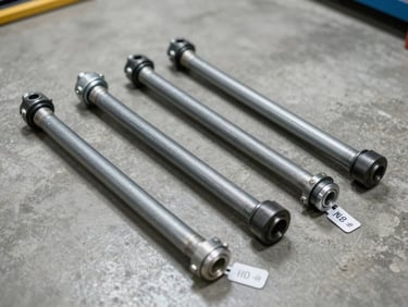 Close-up of suspension components — control arms, ball joints, and tie rod ends — laid out on a clean concrete floor under bright workshop lighting, part numbers legible on tags