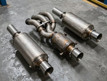 Overhead shot of exhaust manifold and catalytic converter components arranged on a concrete floor under bright warehouse light, metal surfaces showing factory finish
