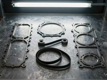 Close-up overhead shot of engine gaskets and timing belt kit spread on a clean metal surface under clinical fluorescent warehouse lighting, individual components clearly separated