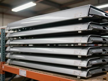Close-up of body panels and a door mirror assembly stacked on warehouse shelving, bright overhead industrial lighting, part number labels affixed to each item