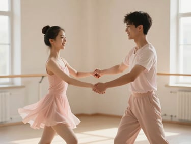 Two young dancers holding hands, smiling and moving in sync in a luminous studio, diffused daylight, warm beige and powder pink tones, shallow depth of field.