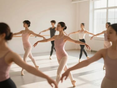 Dancers rehearsing a new choreography, focused and collaborative, sun-drenched studio interior, warm beige and powder pink tones, shallow depth of field.