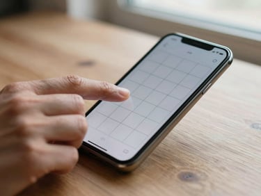 Tight crop of fingers tapping a phone screen showing a simple grid puzzle game, phone resting on a wooden table, neutral window light