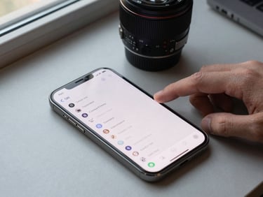 Flat-lay close-up of an Android phone on a gray desk showing a clean task list UI, neutral daylight from a window, finger resting beside the screen
