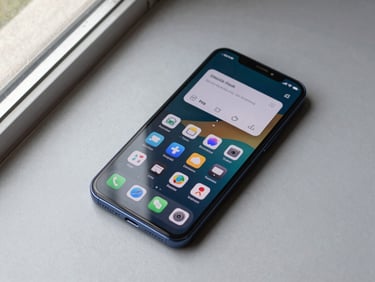 Close overhead flat-lay of an Android phone on a plain desk, utility app interface visible on screen, neutral daylight from a window to the left