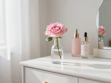 Minimalist vanity table with a single pink rose in a glass vase, elegant cosmetics bottles, soft morning light
