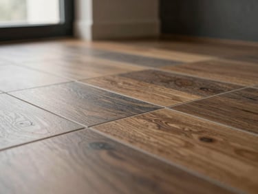Close-up shot of precise porcelain tile joints and clean grout lines in a modern bathroom floor, soft diffused daylight
