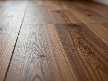 Macro detail shot of perfectly aligned solid cherry wood floor planks, showing rich grain and tight seams, soft side lighting, shallow depth of field