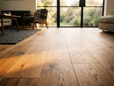 Low-angle architectural shot of wide-plank white oak flooring in a sunlit modern living room, warm natural golden-hour window light, shallow depth of field, 35mm