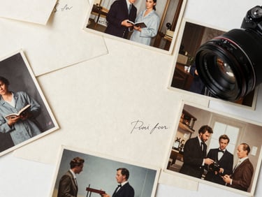 Close-up overhead flat-lay of archival photographs, handwritten letters, and a small collection of personal objects arranged on ivory stock paper, soft diffused studio light revealing paper texture, no digital screens, no flowers