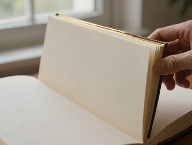 Close-up of hands turning a page inside a partially assembled memorial book, gold foil chapter divider visible at the top edge, natural north-facing window light, ivory paper grain sharp and clear