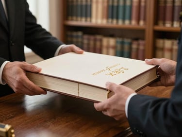Hands of a funeral director receiving a closed memorial book from across a desk, the book's spine facing camera showing sewn binding and gold-foil title, warm diffused natural light, archival library shelf softly out of focus in background