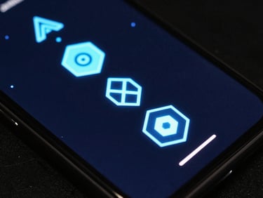 Macro close-up of a mobile gaming UI on a dark screen, glowing neon blue particles and abstract geometric game assets, low-key lighting, sharp focus.