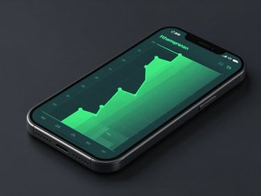 Clean isometric mockup of a system performance dashboard on a mobile screen, electric green data graphs, precise vector lines, dark obsidian background.