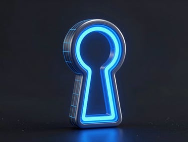 Macro close-up of a stylized 3D keyhole glowing with electric blue light, surrounded by clean vector wireframe lines on an obsidian background.
