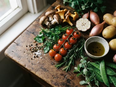 Overhead macro shot of fresh raw ingredients on a rustic kitchen counter, natural window light casting rich shadows, 35mm film.