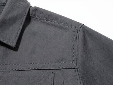 Macro shot of a charcoal gray heavy-duty canvas work jacket with triple-stitched seams, bright studio lighting.