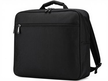 Sleek matte black executive laptop backpack standing upright, showing premium fabric texture and clean lines, bright studio lighting