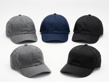 Symmetrical flat-lay of three premium structured corporate caps in slate gray, navy, and black, clean white background.
