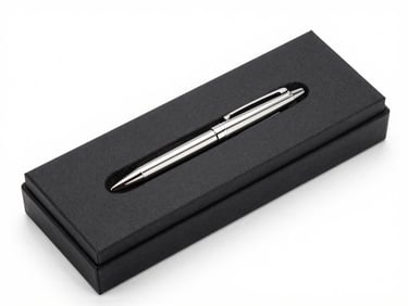 Premium matte black executive gift box with engraved metal pen, studio lighting